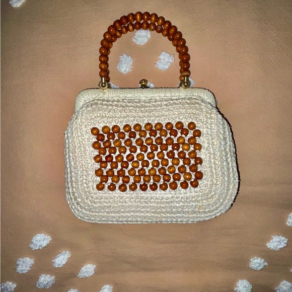 Vintage Italian Woven Rattan Brown Beaded Clutch Mini HandBag Purse Boho - Picture 9 of 10
